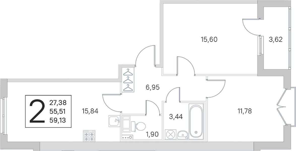 2-комнатная квартира 55.51 м², 4/4 эт., ЖК «Любоград в Стрельне»